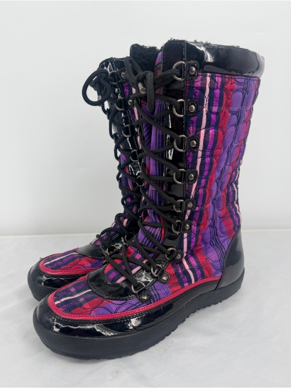Coach Peggy Winter Boots Plaid Patent Leather Fur Lined Size 9